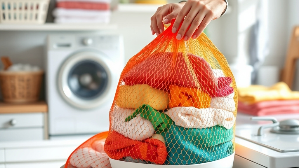 A bright kitchen countertop showing a set of colorful laundry mesh bags filled with sorted clothes, with a pair of hands gently placing a bag onto a washing machine, soft natural lighting highlighting the mesh texture and organized laundry items in the background.