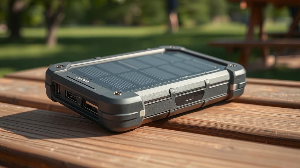 A close-up editorial shot of a rugged solar power bank resting on a wooden picnic table in a sunny park. The device features a visible photovoltaic panel and USB ports. Soft natural lighting highlights the texture of the case and the surrounding greenery.