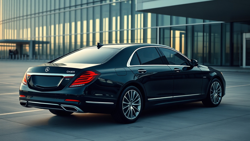 A sleek black luxury sedan parked outside a modern airport terminal at dawn. The car features tinted windows and chrome accents, ready for pickup. Soft morning light highlights the vehicle, conveying professionalism and reliability for a seamless travel experience.