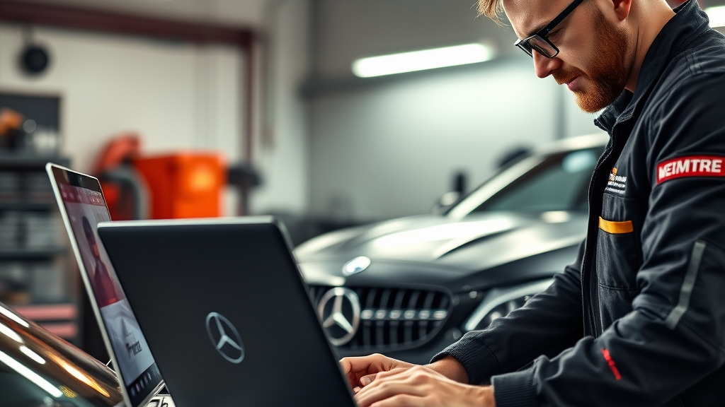 A dynamic automotive workshop scene in Belgium, featuring a mechanic adjusting a laptop connected to a modern Mercedes or BMW under bright LED lights, with tuning tools and performance gauges visible, conveying precision and high‑tech chip tuning expertise.