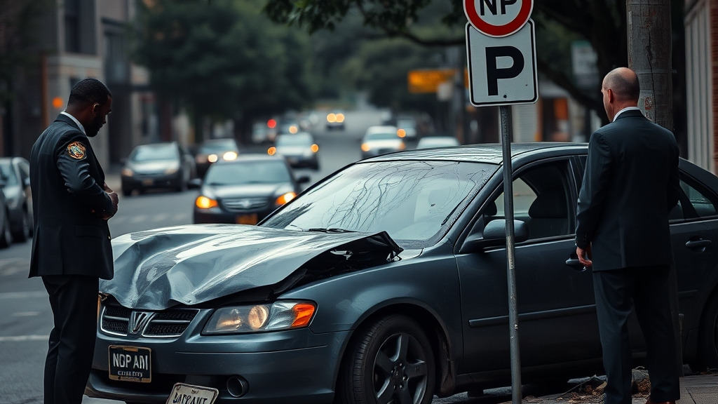 A somber Atlanta street scene with a damaged car, scattered debris, and a lawyer consulting with a client near a "No Parking" sign, editorial photography style