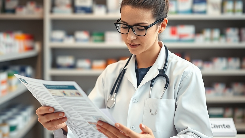 A pharmacist reviewing medication labels and patient information leaflets at a clean counter in a Dutch pharmacy, with blurred shelves of medicine boxes in the background, natural daylight, informative and professional atmosphere