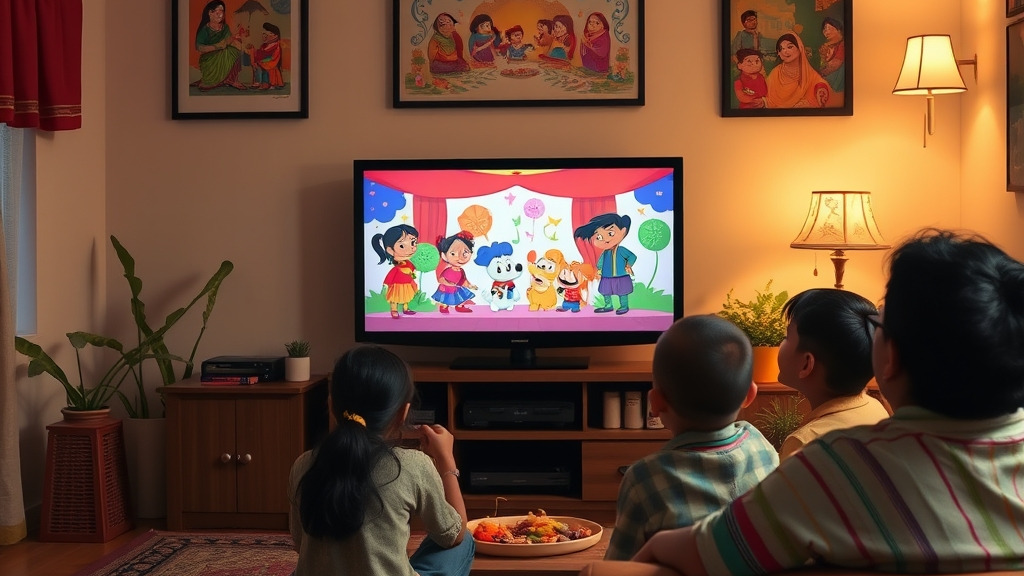 A cozy Bengali living room setting with a family watching animated cartoons on a TV, children laughing, colorful traditional artwork on walls, warm lighting, realistic style, 4k resolution