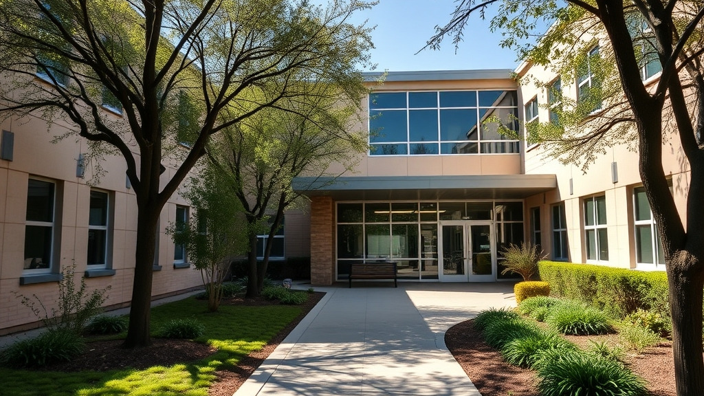 A serene rehabilitation center courtyard with sunlight filtering through trees, showcasing a peaceful path leading to a modern facility entrance, reflecting hope and recovery.