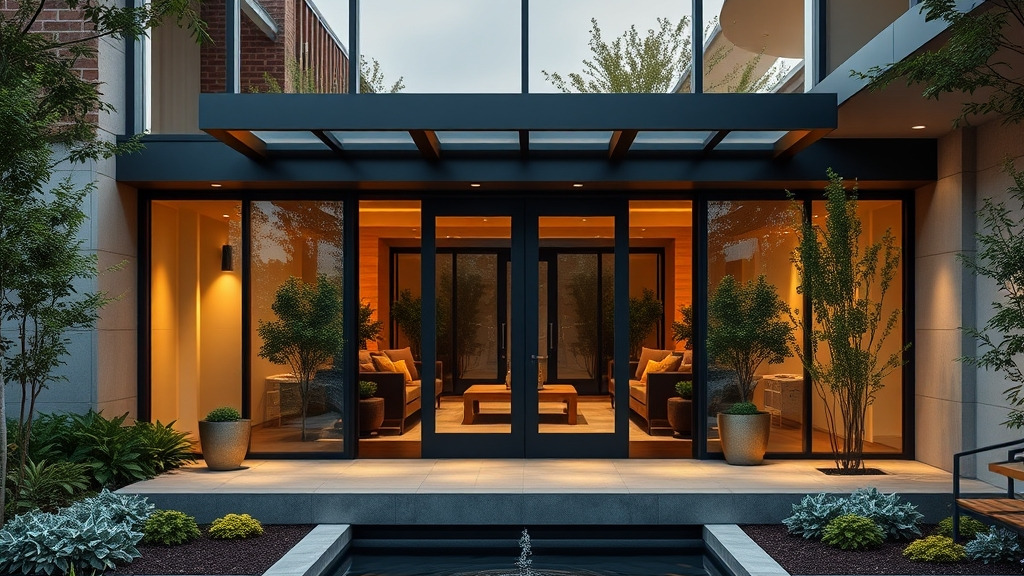 A sleek, modern rehab facility entrance with glass doors, landscaped gardens, and a serene water feature, highlighting upscale amenities like private rooms and a wellness center, conveying tranquility and professional care.