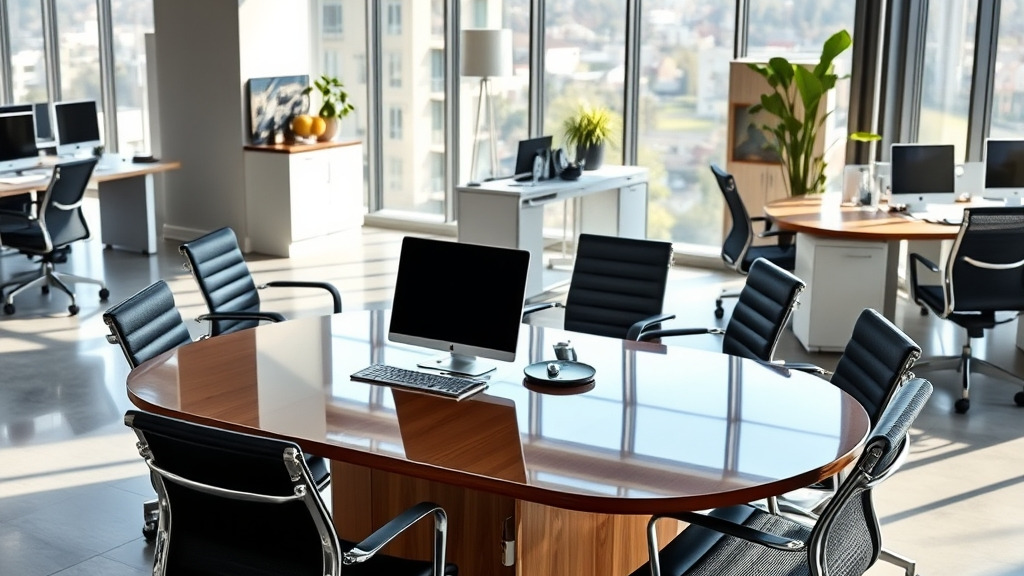 A sleek modern office showroom featuring a polished executive table, ergonomic chairs, and a stylish workstation arrangement, with natural light streaming through large windows, highlighting the premium finish and thoughtful design of each custom piece.