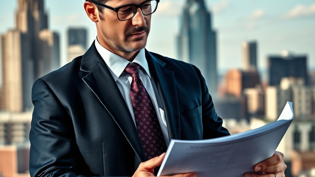 A realistic editorial scene showing a focused Atlanta car accident lawyer reviewing case documents with a city skyline background, emphasizing legal expertise and client support.