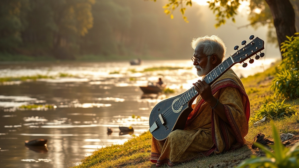 A serene riverside scene with a traditional baul musician playing ektara, surrounded by lush green banks, warm golden sunlight filtering through trees, capturing the spiritual essence of Bengali folk music tradition
