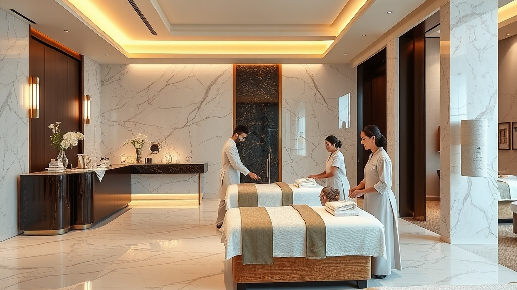 > Elegant Gulshan spa interior with marble reception, therapists performing Thai massage on comfortable clients, soft ambient lighting, and luxurious treatment rooms conveying premium wellness and relaxation