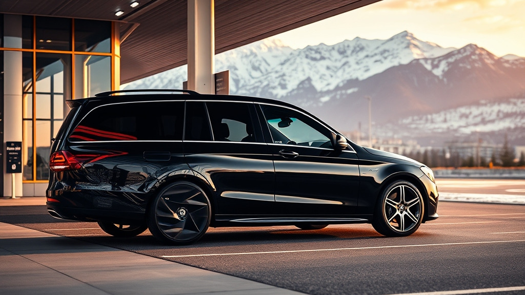 Luxurious black Mercedes VTC car parked elegantly at Grenoble airport terminal with snow-capped Alps visible in background during winter morning light
