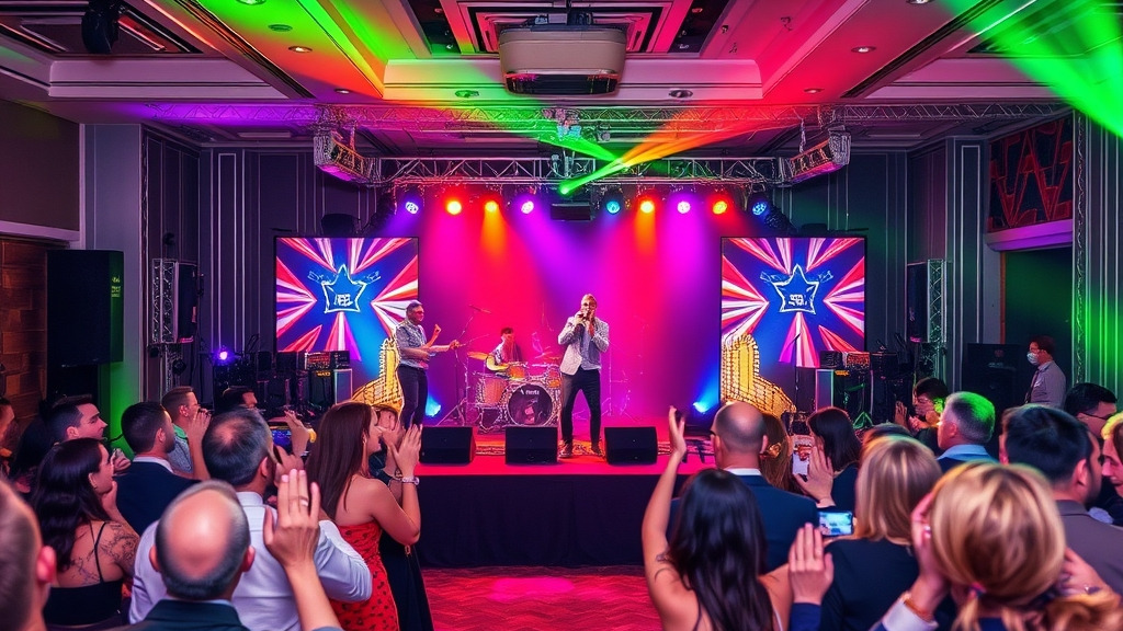 A vibrant scene of a successful corporate event in a modern UK venue, featuring a lively tribute band performing on stage with colorful lights, an engaged audience clapping and dancing, elegant decorations, and professional event staff in the background.