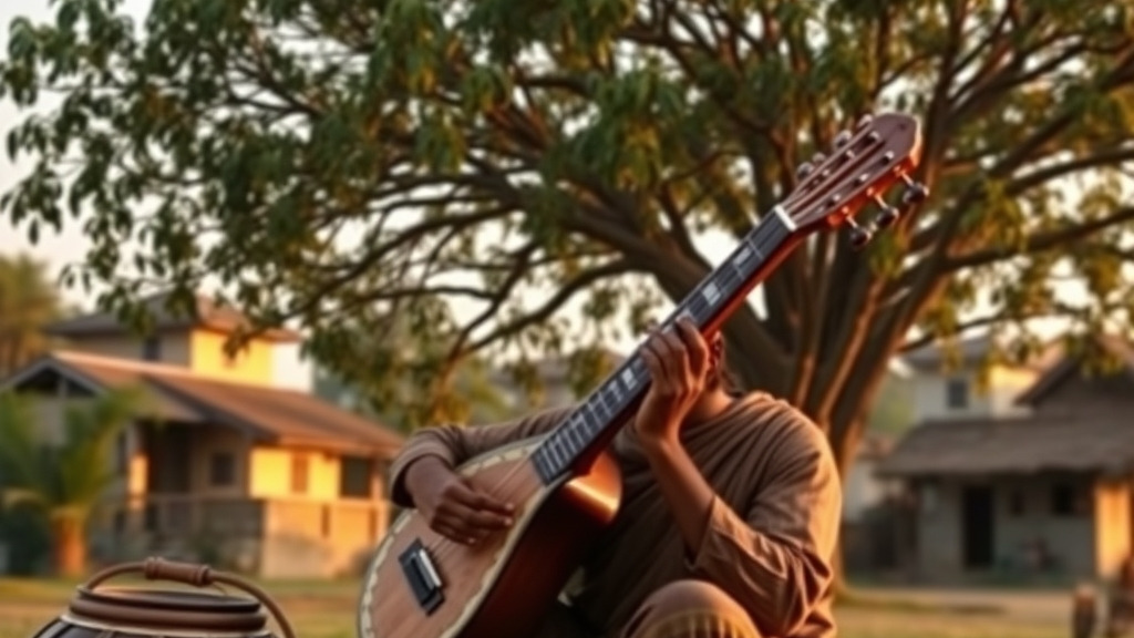 A nostalgic rural Bangladeshi scene featuring a Baul musician playing ektara under a banyan tree with village homes in the background, warm golden hour lighting, traditional wooden instruments, and cultural authenticity.