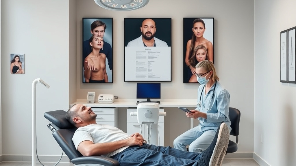 A modern clinic interior showing a patient reclining comfortably while a surgeon discusses a hair transplant plan, with before‑and‑after photos displayed on a wall. The scene emphasizes professionalism, advanced medical equipment, and a reassuring atmosphere, highlighting the clinic’s expertise in long‑term hair restoration results.