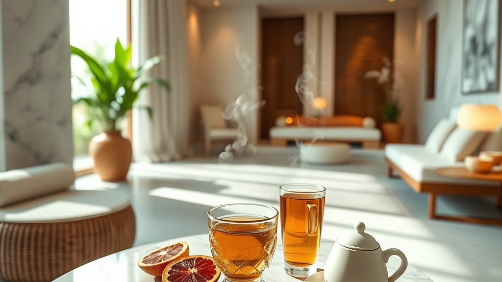 A serene spa interior showing a marble table with fresh fruit, a steaming herbal tea, and a cozy lounge area with soft natural lighting, inviting guests to unwind and rejuvenate.