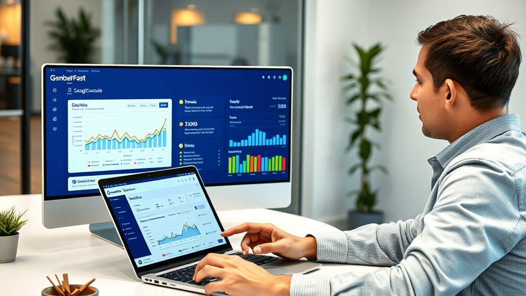 A professional digital marketer using a laptop and tablet at a modern desk, reviewing Google Search Console analytics while IndexNowFast dashboard displays real-time indexing metrics and backlink status indicators in a clean office setting.