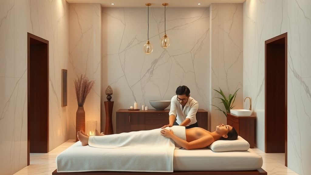 A serene Bangladeshi spa interior with marble floors, soft ambient lighting, and a client relaxing on a treatment table while a therapist performs a massage