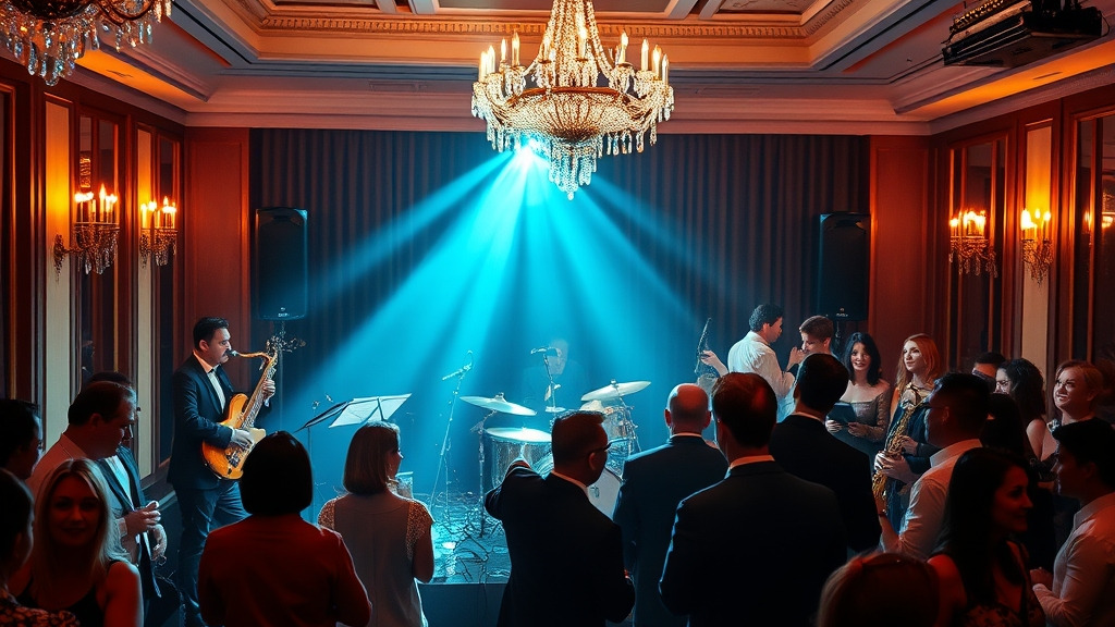 A professional corporate gala in London with a live jazz band performing on stage, elegant lighting, and an engaged audience networking, editorial photography style.
