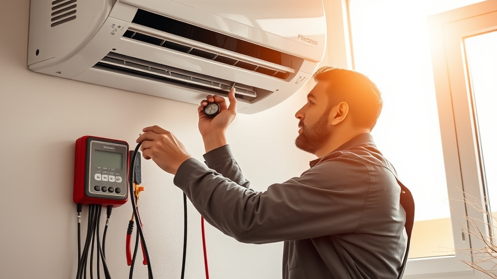 Expert editorial scene of a skilled AC technician repairing a modern split system air conditioner in a bright Abu Dhabi home interior, tools and gauges visible, warm desert sunlight streaming through window, realistic photography style